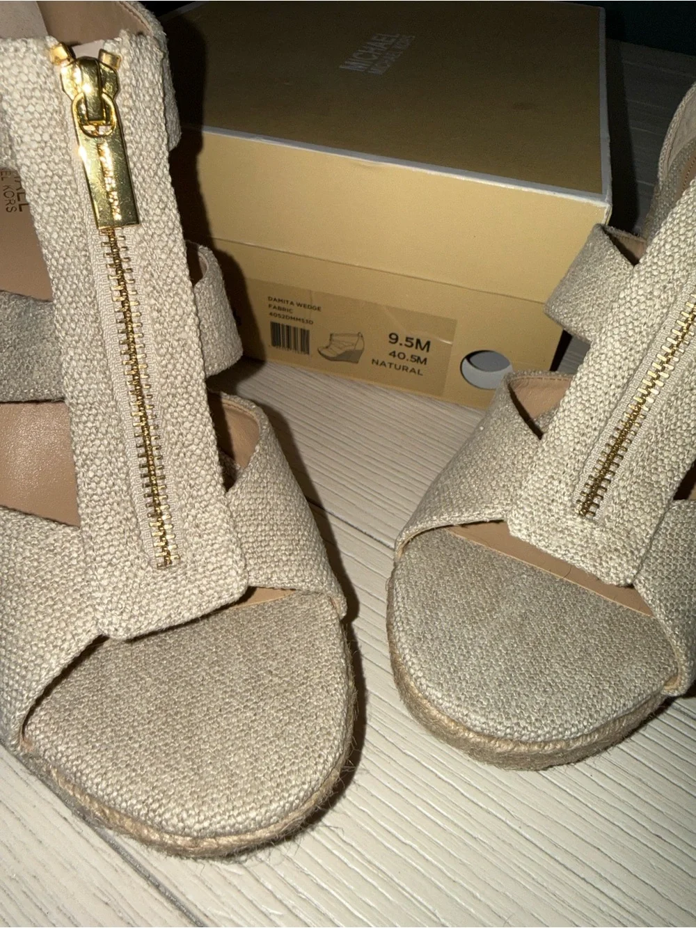Michael Kors Natural Beige Canvas Espadrille Wedges with Front Zipper